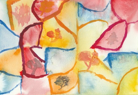 An abstract image of merging red, yellow and blue triangles with shadowy trees in some of the triangles